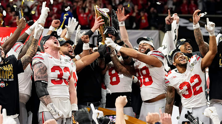 Ohio State Buckeyes celebrate their 34-23 win over Notre Dame Fighting Irish to win the College Football Playoff National Championship at Mercedes-Benz Stadium in Atlanta on January 20, 2025.
