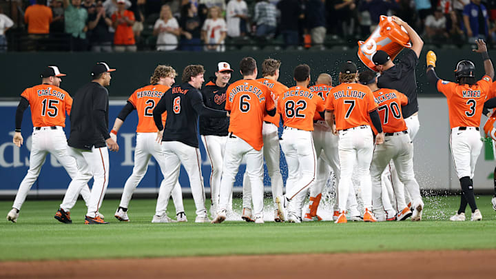 Sep 6, 2025; Baltimore, Maryland, USA; Baltimore Orioles players celebrate after a game against the Los Angeles Dodgers at Oriole Park at Camden Yards. Mandatory Credit: Daniel Kucin Jr.-Imagn Images