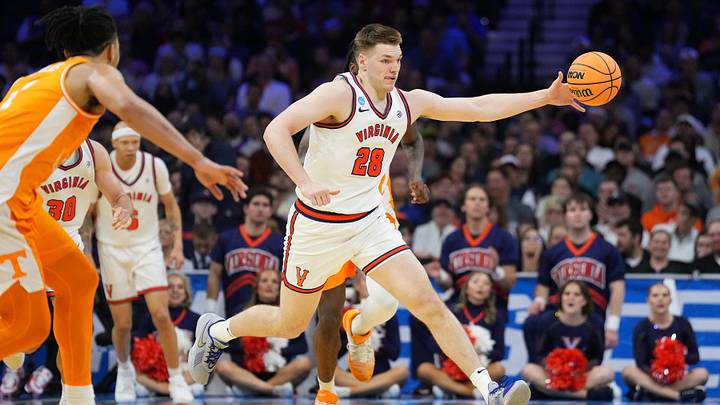 Mar 22, 2026; Philadelphia, PA, USA; Virginia Cavaliers forward Thijs de Ridder (28) dribbles the ball against the Tennessee Volunteers in the second half during a second round game of the men's 2026 NCAA Tournament at Xfinity Mobile Arena. Mandatory Credit: Kyle Ross-Imagn Images