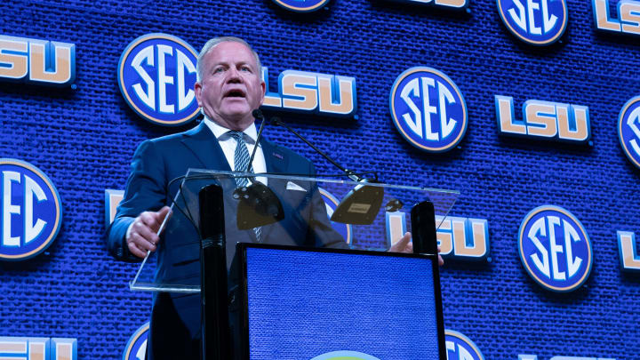 LSU Head Coach Brian Kelly addresses the media at the 2023 SEC Football Kickoff Media Days at the Nashville Grand Hyatt on Broadway, Monday, July 17, 2023. LSU Head Coach Brian Kelly addresses the media at the 2023 SEC Football Kickoff Media Days at the Nashville Grand Hyatt on Broadway, Monday, July 17, 2023.