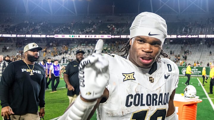 CU football standout athlete Travis Hunter flashes a No. 1 with his finger after a win against CSU in the Rocky Mountain Showdown at Canvas Stadium. CU football standout athlete Travis Hunter flashes a No. 1 with his finger after a win against CSU in the Rocky Mountain Showdown at Canvas Stadium.
