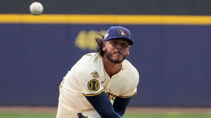 Milwaukee Brewers pitcher Freddy Peralta (51) pitches during the first inning of the National League Division Series game against the Chicago Cubs on Saturday October 4, 2025 at American Family Field in Milwaukee, Wisconsin. Milwaukee Brewers pitcher Freddy Peralta (51) pitches during the first inning of the National League Division Series game against the Chicago Cubs on Saturday October 4, 2025 at American Family Field in Milwaukee, Wisconsin.