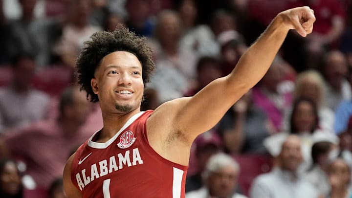 The University of Alabama unveiled the first banner honoring the school’s first Final Four appearance Friday, Oct. 11, 2024, in Coleman Coliseum. Alabama guard Mark Sears (1) wins the three point shooting contest.