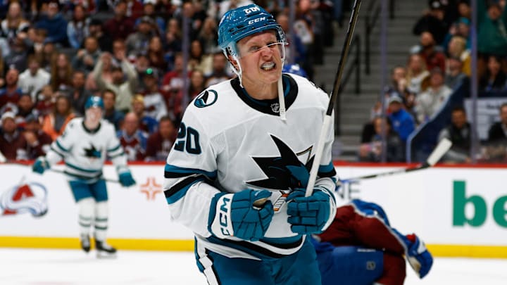 Mar 6, 2025; Denver, Colorado, USA; San Jose Sharks left wing Fabian Zetterlund (20) celebrates after his goal in the first period against the Colorado Avalanche at Ball Arena. Mandatory Credit: Isaiah J. Downing-Imagn Images
