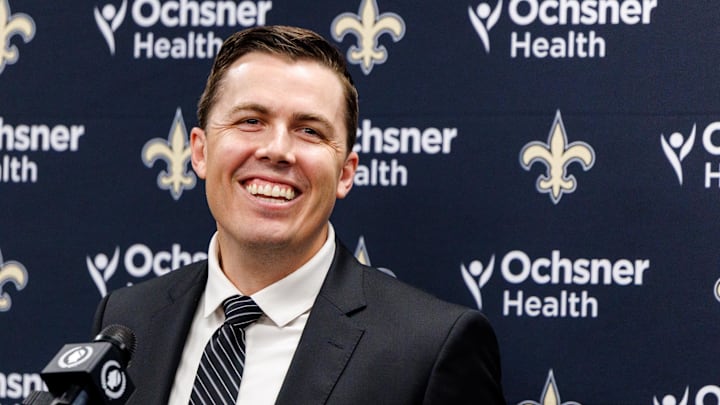 Feb 13, 2025; New Orleans, LA, USA; New Orleans Saints introduce Kellen Moore as the head coach and he addresses the media at Ochsner Sports Performance Center. Mandatory Credit: Stephen Lew-Imagn Images Feb 13, 2025; New Orleans, LA, USA; New Orleans Saints introduce Kellen Moore as the head coach and he addresses the media at Ochsner Sports Performance Center. Mandatory Credit: Stephen Lew-Imagn Images