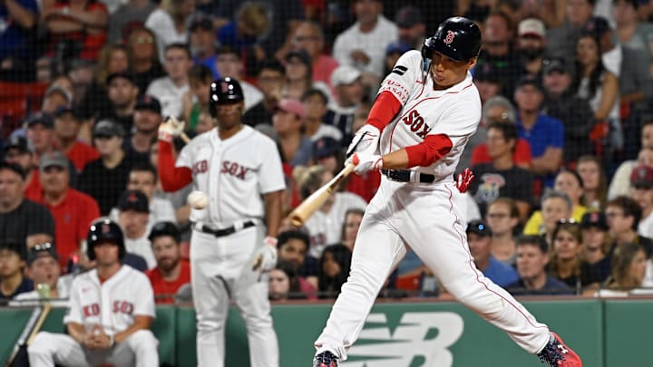 Aug 4, 2023; Boston, Massachusetts, USA; Boston Red Sox designated hitter Masataka Yoshida (7) hits