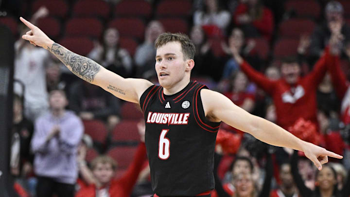 Nov 22, 2024; Louisville, Kentucky, USA; Louisville Cardinals guard Reyne Smith (6) reacts during the second half against the Winthrop Eagles at KFC Yum! Center. Louisville defeated Winthrop 76-61. Mandatory Credit: Jamie Rhodes-Imagn Images