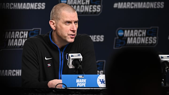 Mar 22, 2026; St. Louis, MO, USA; Kentucky Wildcats head coach Mark Pope speaks during the postgame press conference after the game against the Iowa State Cyclones during a second round game of the men's 2026 NCAA Tournament at Enterprise Center. Mandatory Credit: Jeff Le-Imagn Images