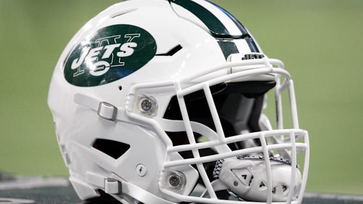 Sep 10, 2018; Detroit, MI, USA; New York Jets helmet sits near the bench before the game against the Detroit Lions at Ford Field. Mandatory Credit: Raj Mehta-Imagn Images