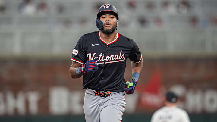 Sep 23, 2025; Cumberland, Georgia, USA; Washington Nationals left fielder James Wood (29) runs the bases after hitting a home run against the Atlanta Braves during the eighth inning at Truist Park. 