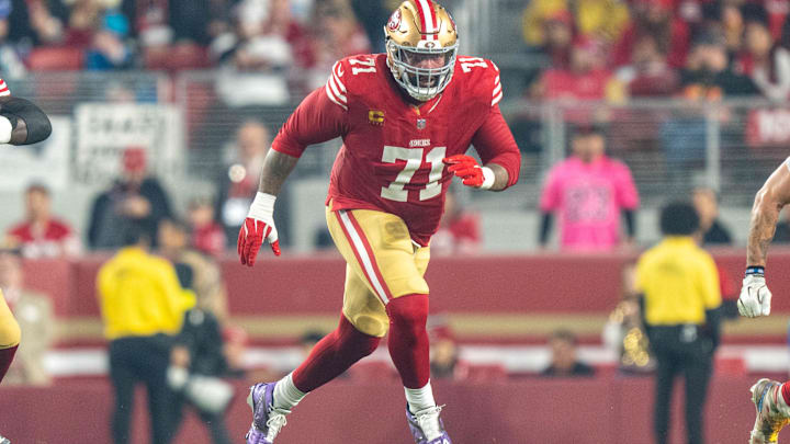 November 24, 2025; Santa Clara, California, USA; San Francisco 49ers offensive tackle Trent Williams (71) during the first quarter against the Carolina Panthers at Levi's Stadium. Mandatory Credit: Kyle Terada-Imagn Images