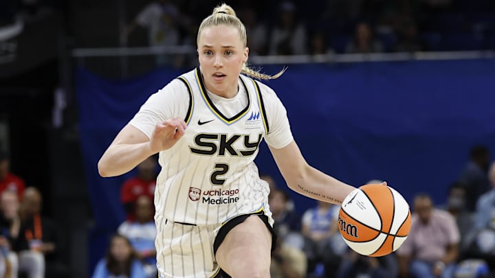May 6, 2025; Chicago, IL, USA; Chicago Sky guard Hailey Van Lith (2) drives to the basket against the Minnesota Lynx during the second half of a WNBA pre-season game at Wintrust Arena. Mandatory Credit: Kamil Krzaczynski-Imagn Images