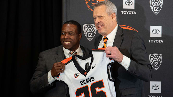 Vice president and director of athletics Scott Barnes, right, introduces JaMarcus Shephard as the new head coach for Oregon State football at Reser Stadium on Tuesday, Dec. 2, 2025, in Corvallis, Ore. Vice president and director of athletics Scott Barnes, right, introduces JaMarcus Shephard as the new head coach for Oregon State football at Reser Stadium on Tuesday, Dec. 2, 2025, in Corvallis, Ore.