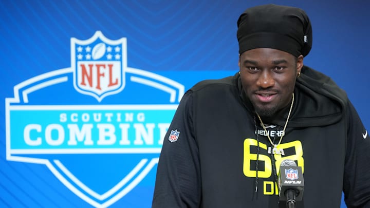 Feb 26, 2025; Indianapolis, IN, USA; Texas A&M defensive lineman Shemar Stewart (DL68) during the 2025 NFL Scouting Combine at the Indiana Convention Center. 