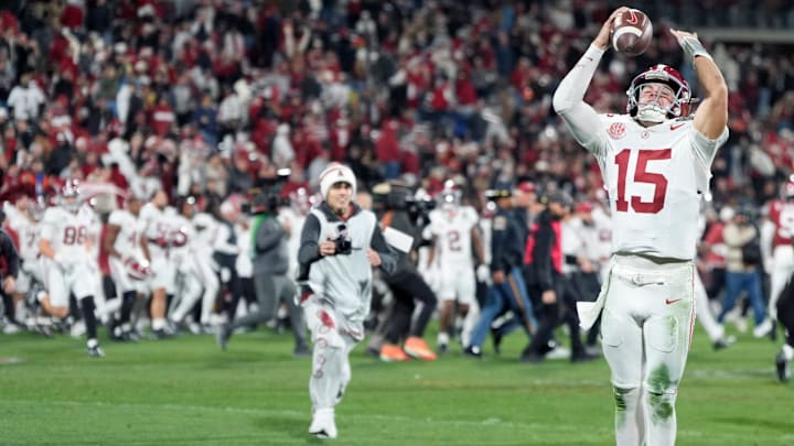 Alabama's Ty Simpson (15) celebrates following the College Football Playoff game between the University of Oklahoma Sooners (OU) and the Alabama Crimson Tide at the Gaylord Family – Oklahoma Memorial Stadium in Norman, Okla., Friday Dec. 19, 2025.