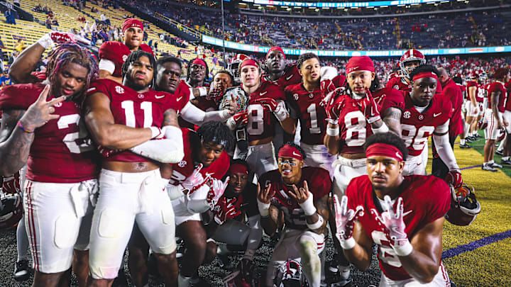 Alabama defense celebrates after a turnover at LSU