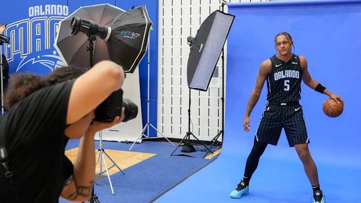 Orlando Magic forward Paolo Banchero poses during the Magic's 2024 Media Day photoshoot.
