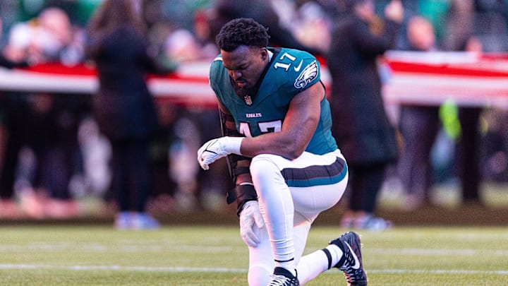 Dec 15, 2024; Philadelphia, Pennsylvania, USA; Philadelphia Eagles linebacker Nakobe Dean (17) before action against the Pittsburgh Steelers at Lincoln Financial Field. Mandatory Credit: Bill Streicher-Imagn Images
