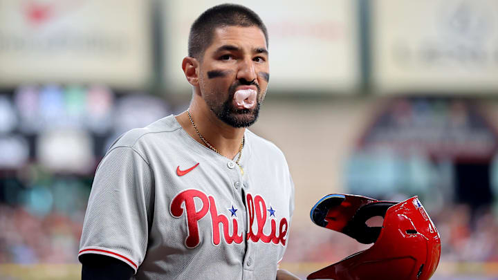Jun 26, 2025; Houston, Texas, USA; Philadelphia Phillies right fielder Nick Castellanos (8) in the on-deck circle against the Houston Astros during the first inning at Daikin Park Jun 26, 2025; Houston, Texas, USA; Philadelphia Phillies right fielder Nick Castellanos (8) in the on-deck circle against the Houston Astros during the first inning at Daikin Park