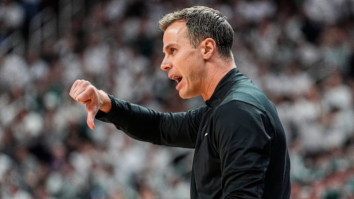 Duke head coach Jon Scheyer reacts to a play against Michigan State during the first half at Breslin Center in East Lansing on Saturday, Dec. 6, 2025.