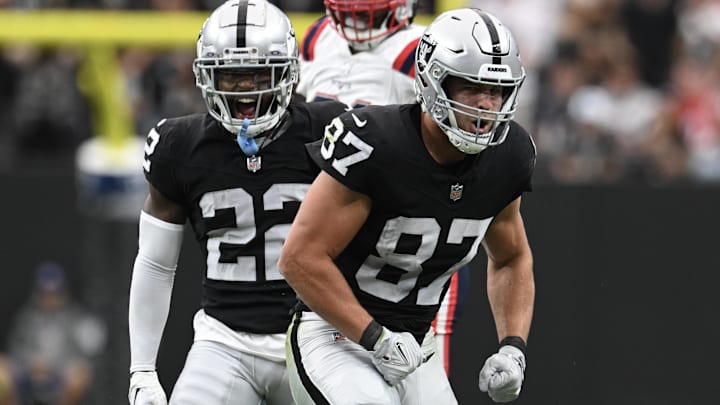 Oct 15, 2023; Paradise, Nevada, USA; Las Vegas Raiders tight end Michael Mayer (87) celebrates a first down with running back Ameer Abdullah (22) against the New England Patriots in the first quarter at Allegiant Stadium. Mandatory Credit: Candice Ward-Imagn Images Oct 15, 2023; Paradise, Nevada, USA; Las Vegas Raiders tight end Michael Mayer (87) celebrates a first down with running back Ameer Abdullah (22) against the New England Patriots in the first quarter at Allegiant Stadium. Mandatory Credit: Candice Ward-Imagn Images