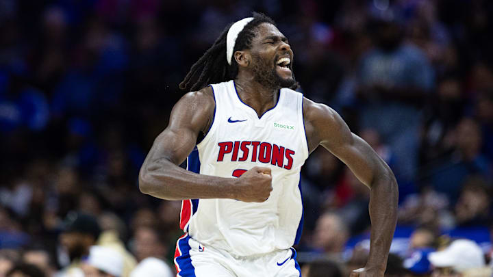 Oct 30, 2024; Philadelphia, Pennsylvania, USA; Detroit Pistons center Isaiah Stewart (28) reacts after a forward Tim Hardaway Jr. (not pictured) score against the Philadelphia 76ers during the fourth quarter at Wells Fargo Center.