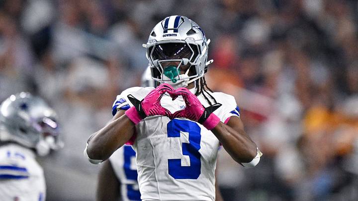 Dallas Cowboys wide receiver George Pickens (3) celebrates during the game between the Cowboys and the Buccaneers at AT&T Stadium. Dallas Cowboys wide receiver George Pickens (3) celebrates during the game between the Cowboys and the Buccaneers at AT&T Stadium.