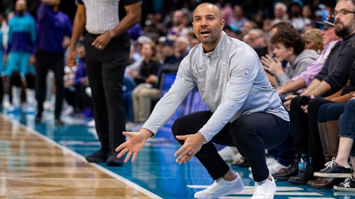Mar 8, 2025; Charlotte, North Carolina, USA; Brooklyn Nets head coach Jordi Fernandez reacts during the fourth quarter against the Charlotte Hornets at Spectrum Center. Mandatory Credit: Scott Kinser-Imagn Images