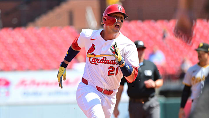 Aug 28, 2025; St. Louis, Missouri, USA; St. Louis Cardinals center fielder Lars Nootbaar (21) rounds second base as he advances home in the third inning against the Pittsburgh Pirates at Busch Stadium. Mandatory Credit: Tim Vizer-Imagn Images