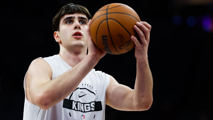 Dec 23, 2025; Sacramento, California, USA; Sacramento Kings center Maxime Raynaud (42) warms up before the game against the Detroit Pistons at Golden 1 Center. Mandatory Credit: Sergio Estrada-Imagn Images
