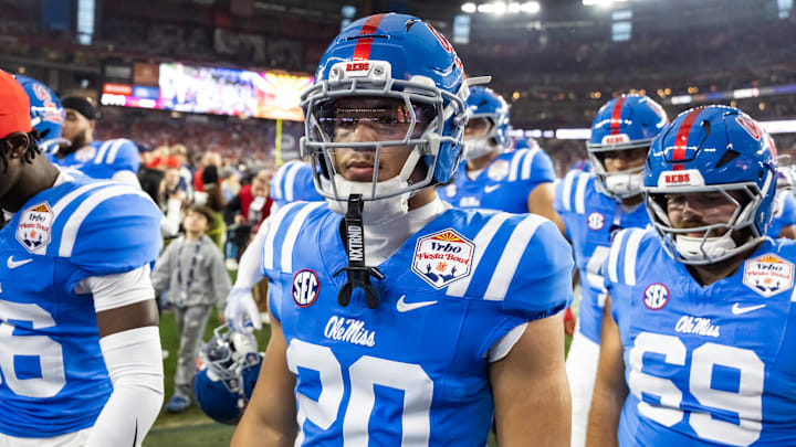 Jan 8, 2026; Glendale, AZ, USA; Mississippi Rebels safety Anthony Robinson III (20) against the Miami Hurricanes during the 2026 Fiesta Bowl and semifinal game of the College Football Playoff at State Farm Stadium. Mandatory Credit: Mark J. Rebilas-Imagn Images