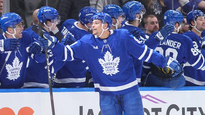 Mar 25, 2026; Toronto, Ontario, CAN; Toronto Maple Leafs forward Dakota Joshua (81) celebrates his goal against the New York Rangers during the second period at Scotiabank Arena. Mandatory Credit: John E. Sokolowski-Imagn Images