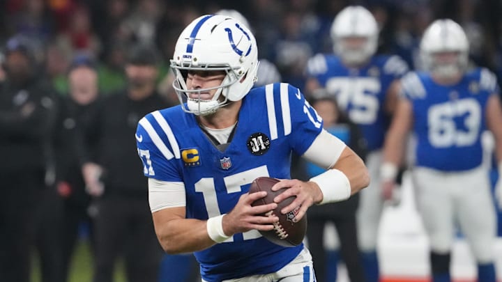 Nov 9, 2025; Berlin, Germany; Indianapolis Colts quarterback Daniel Jones (17) runs the ball against the Atlanta Falcons during the NFL Berlin Game at Olympic Stadium. 