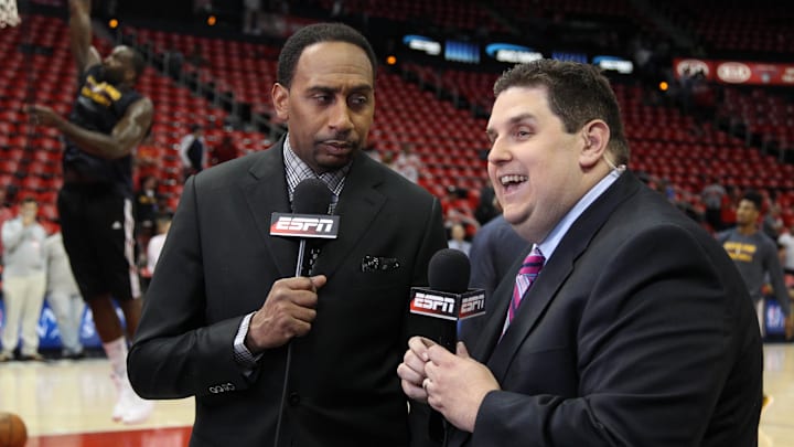 May 22, 2015; Atlanta, GA, USA; ESPN television personality Stephen A. Smith (left) and sportswriter Brian Windhorst (right) prior to game two of the Eastern Conference Finals of the NBA Playoffs between the Atlanta Hawks and the Cleveland Cavaliers at Philips Arena. Mandatory Credit: Brett Davis-Imagn Images May 22, 2015; Atlanta, GA, USA; ESPN television personality Stephen A. Smith (left) and sportswriter Brian Windhorst (right) prior to game two of the Eastern Conference Finals of the NBA Playoffs between the Atlanta Hawks and the Cleveland Cavaliers at Philips Arena. Mandatory Credit: Brett Davis-Imagn Images