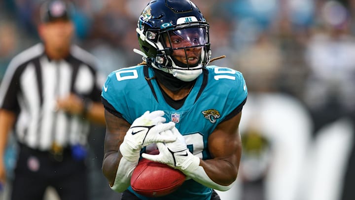 Aug 20, 2022; Jacksonville, Florida, USA;  Jacksonville Jaguars wide receiver Laviska Shenault Jr. (10) at TIAA Bank Field. Mandatory Credit: Nathan Ray Seebeck-USA TODAY Sports