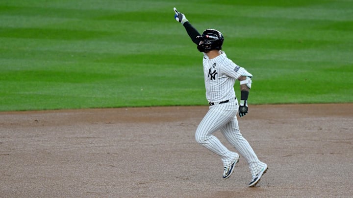 New York Yankees second baseman Gleyber Torres celebrates hitting a three-run home run against the Los Angeles Dodgers. New York Yankees second baseman Gleyber Torres celebrates hitting a three-run home run against the Los Angeles Dodgers.