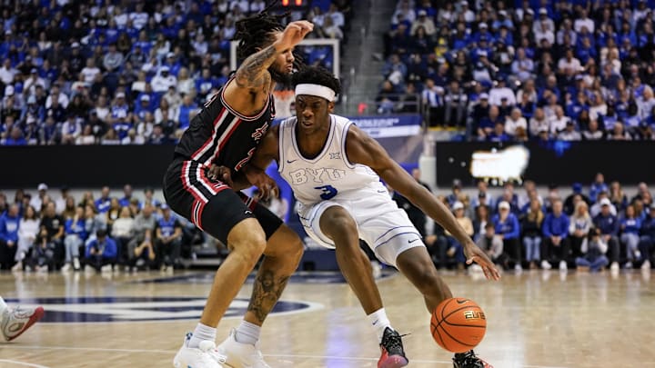 Feb 7, 2026; Provo, Utah, USA; BYU Cougars forward AJ Dybantsa (3) drives during the first half against the Houston Cougars at Marriott Center. Mandatory Credit: Aaron Baker-Imagn Images