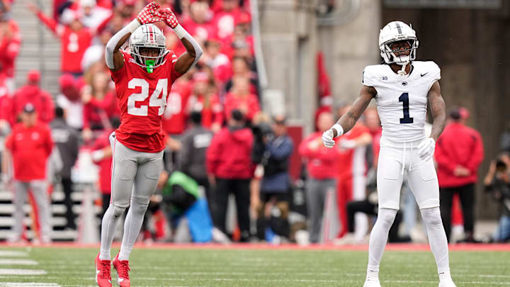 Ohio State Buckeyes cornerback Jermaine Mathews Jr. (24) and Penn State Nittany Lions wide receiver KeAndre Lambert-Smith (1)