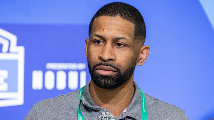 Feb 28, 2023; Indianapolis, IN, USA; Cleveland Browns general manager Andrew Berry speaks to the press at the NFL Combine at Lucas Oil Stadium. Mandatory Credit: Trevor Ruszkowski-Imagn Images