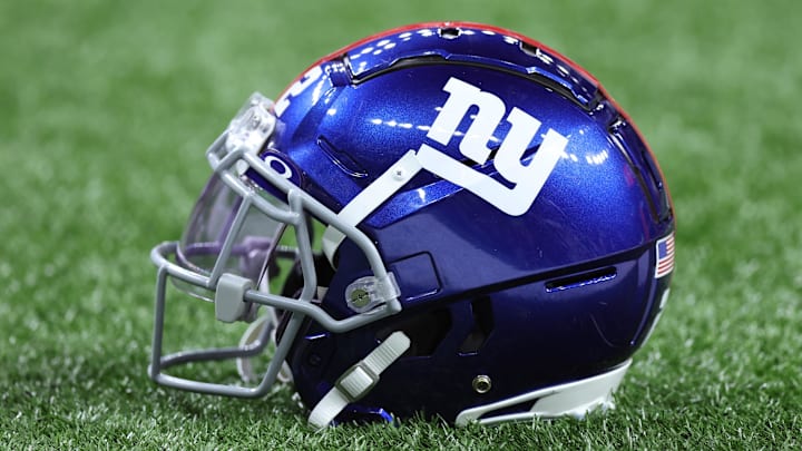 Dec 17, 2023; New Orleans, Louisiana, USA; A detailed view of a New York Giants helmet before the game against the New Orleans Saints at Caesars Superdome. Mandatory Credit: Stephen Lew-Imagn Images