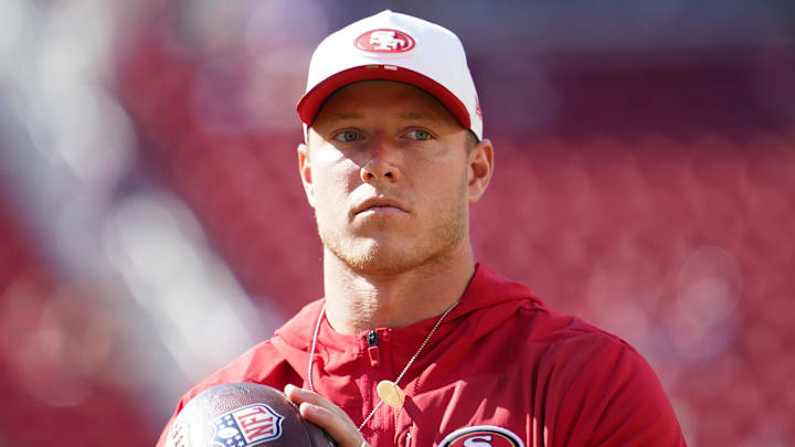 Aug 9, 2025; Santa Clara, California, USA;  San Francisco 49ers running back Christian McCaffrey (23) warms up before the game against the Denver Broncos at Levi's Stadium. Mandatory Credit: David Gonzales-Imagn Images