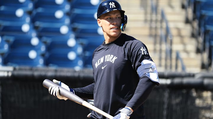Feb 13, 2026; Tampa, FL, USA;  New York Yankees right fielder Aaron Judge (99) during live batting practice at George M. Steinbrenner Field. Mandatory Credit: Kim Klement Neitzel-Imagn Images