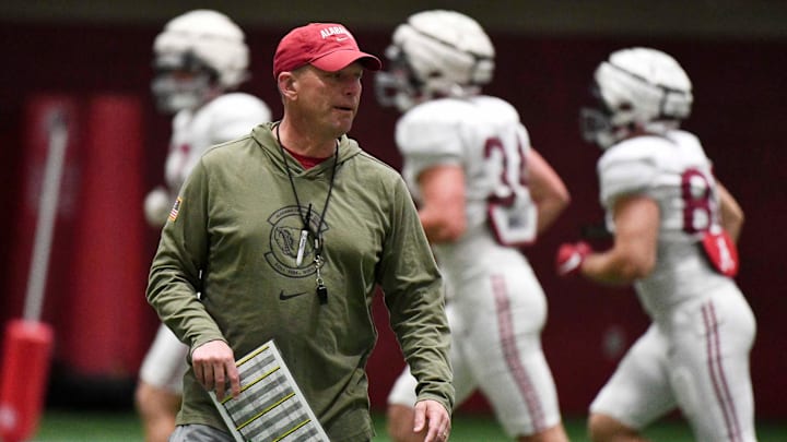 April 9, 2024; Tuscaloosa, Alabama, USA; Alabama head coach Kalen DeBoer coaches his team during