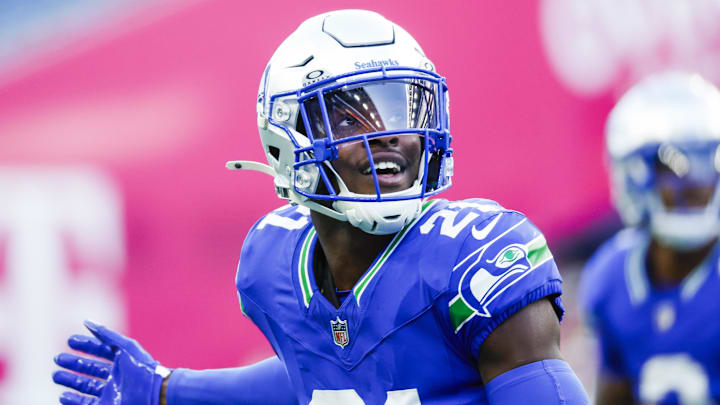 Oct 10, 2024; Seattle, Washington, USA; Seattle Seahawks cornerback Devon Witherspoon (21) participates in pregame warmups against the San Francisco 49ers at Lumen Field. Oct 10, 2024; Seattle, Washington, USA; Seattle Seahawks cornerback Devon Witherspoon (21) participates in pregame warmups against the San Francisco 49ers at Lumen Field.