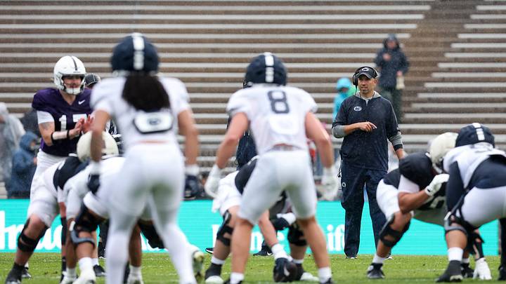 Penn State Nittany Lions head coach Matt Campbell looks on from behind the line of scrimmage during the Blue-White Spring practice at Beaver Stadium. 