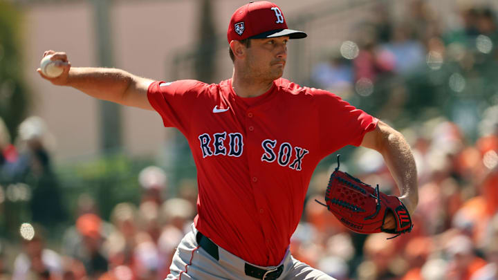 Boston Red Sox starting pitcher Garrett Whitlock (22) throws a pitch during the first inning against the Baltimore Orioles at Ed Smith Stadium.