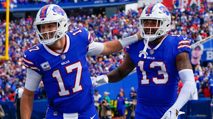 Oct 9, 2022; Orchard Park, New York, USA; Buffalo Bills quarterback Josh Allen (17) celebrates with