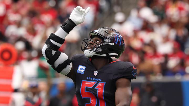 Oct 26, 2025; Houston, Texas, USA; Houston Texans defensive end Will Anderson Jr. (51) reacts after a tackle during the first quarter against the San Francisco 49ers at NRG Stadium. Mandatory Credit: Troy Taormina-Imagn Images