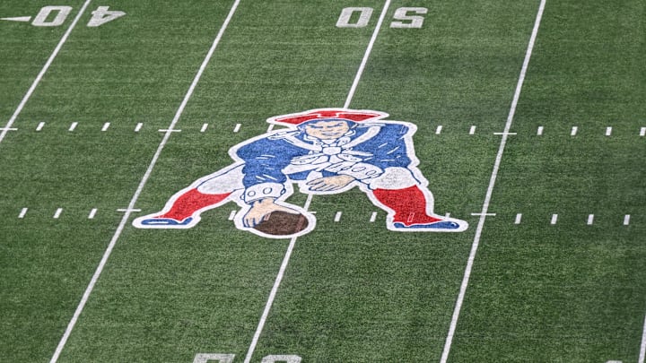 Dec 1, 2024; Foxborough, Massachusetts, USA; A general overview of the game field with the Pat Patriot throwback logo at Gillette Stadium prior to a game against the Indianapolis Colts. Mandatory Credit: Eric Canha-Imagn Images