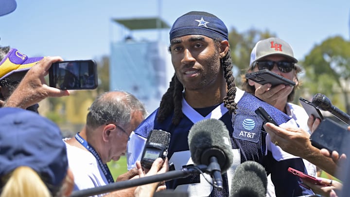 Dallas Cowboys cornerback Stephon Gilmore answers questions during a news conference following practice at training camp